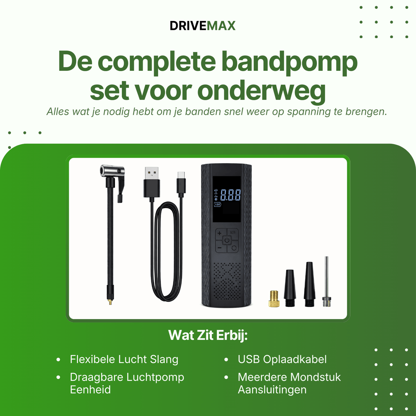Czarny przenośny kompresor bezprzewodowy z cyfrowym wyświetlaczem oraz wężem, kablem USB i końcówkami.