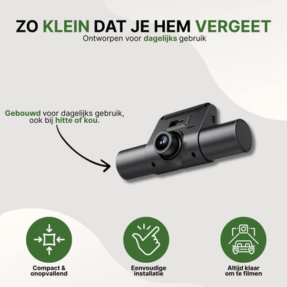 360Guard Pro compacte dashcam, ontworpen voor dagelijks gebruik en bestand tegen hitte en kou, eenvoudig te installeren en direct klaar voor gebruik.