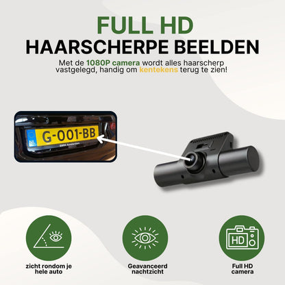 360Guard Pro dashcam met dubbele lens voor haarscherpe 1080p opnames, kentekenregistratie, nachtzicht en 360° zicht rondom je voertuig.