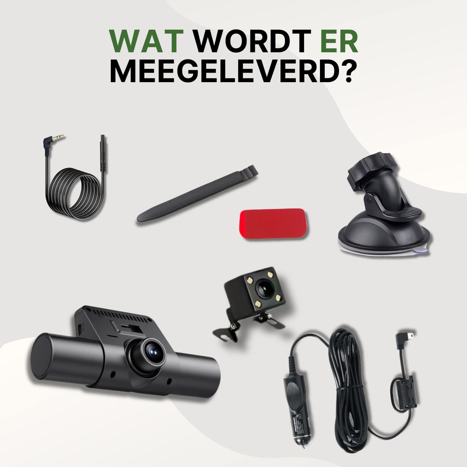 Volledige set van de 360Guard Pro dashcam, inclusief hoofdcamera, achtercamera, zuignap, 12V autolader, verlengkabel, bevestigingspad en montagetool.