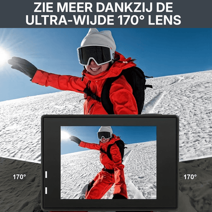 Kamera sportowa 4K z obiektywem szerokokątnym 170° podczas nagrywania zimowego