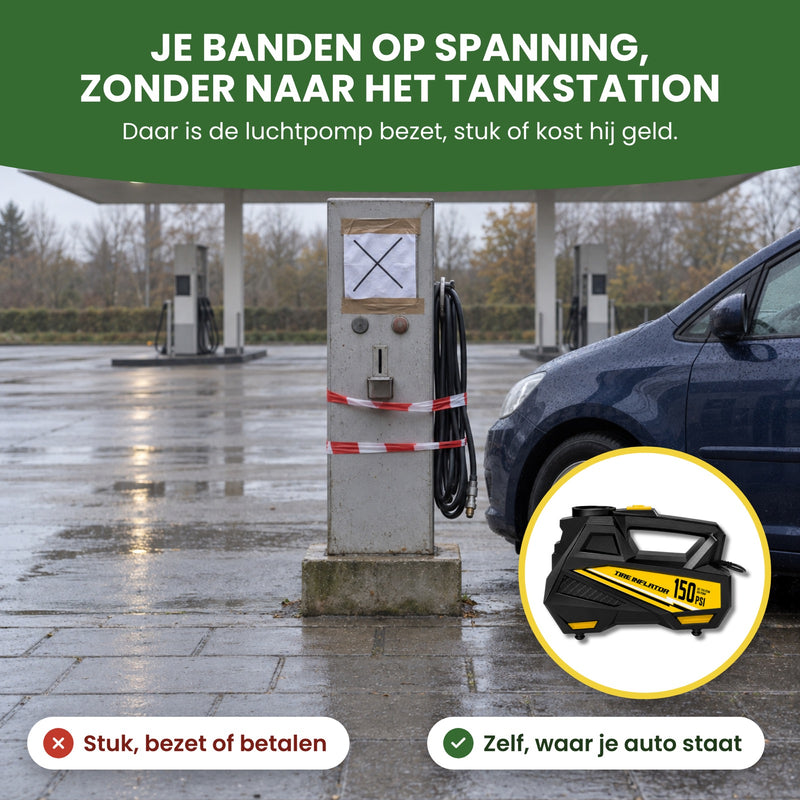 Afgeplakte luchtpomp bij een tankstation met een auto ervoor en de AirBoost in een cirkel: je banden op spanning, zonder naar het tankstation