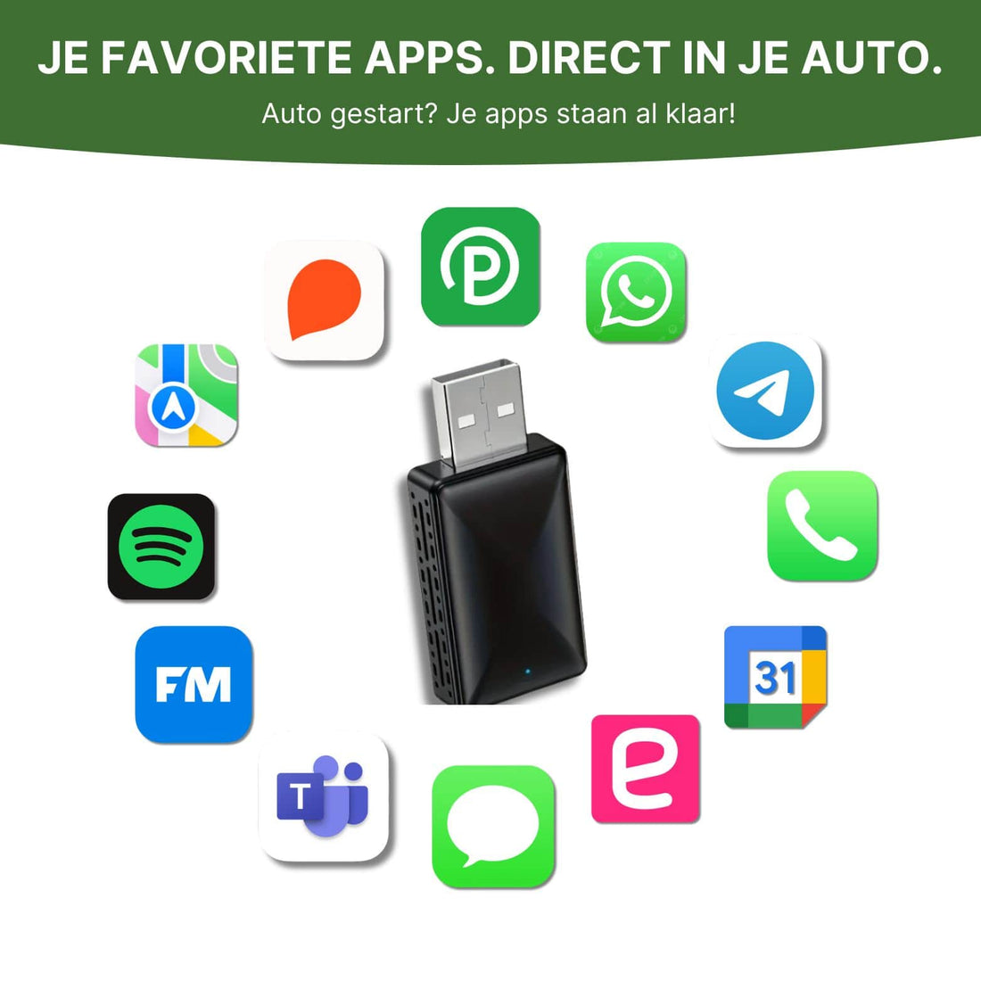 Adapter CarVizio pokazuje kompatybilność z popularnymi aplikacjami takimi jak Spotify, WhatsApp, Apple Maps i Google Calendar przez Apple CarPlay i Android Auto.