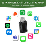 Adapter CarVizio pokazuje kompatybilność z popularnymi aplikacjami takimi jak Spotify, WhatsApp, Apple Maps i Google Calendar przez Apple CarPlay i Android Auto.