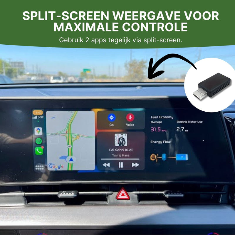 Adapter USB arVizio pokazuje funkcję podzielonego ekranu na ekranie samochodu z Apple CarPlay i Android Auto – nawiguj i słuchaj jednocześnie.
