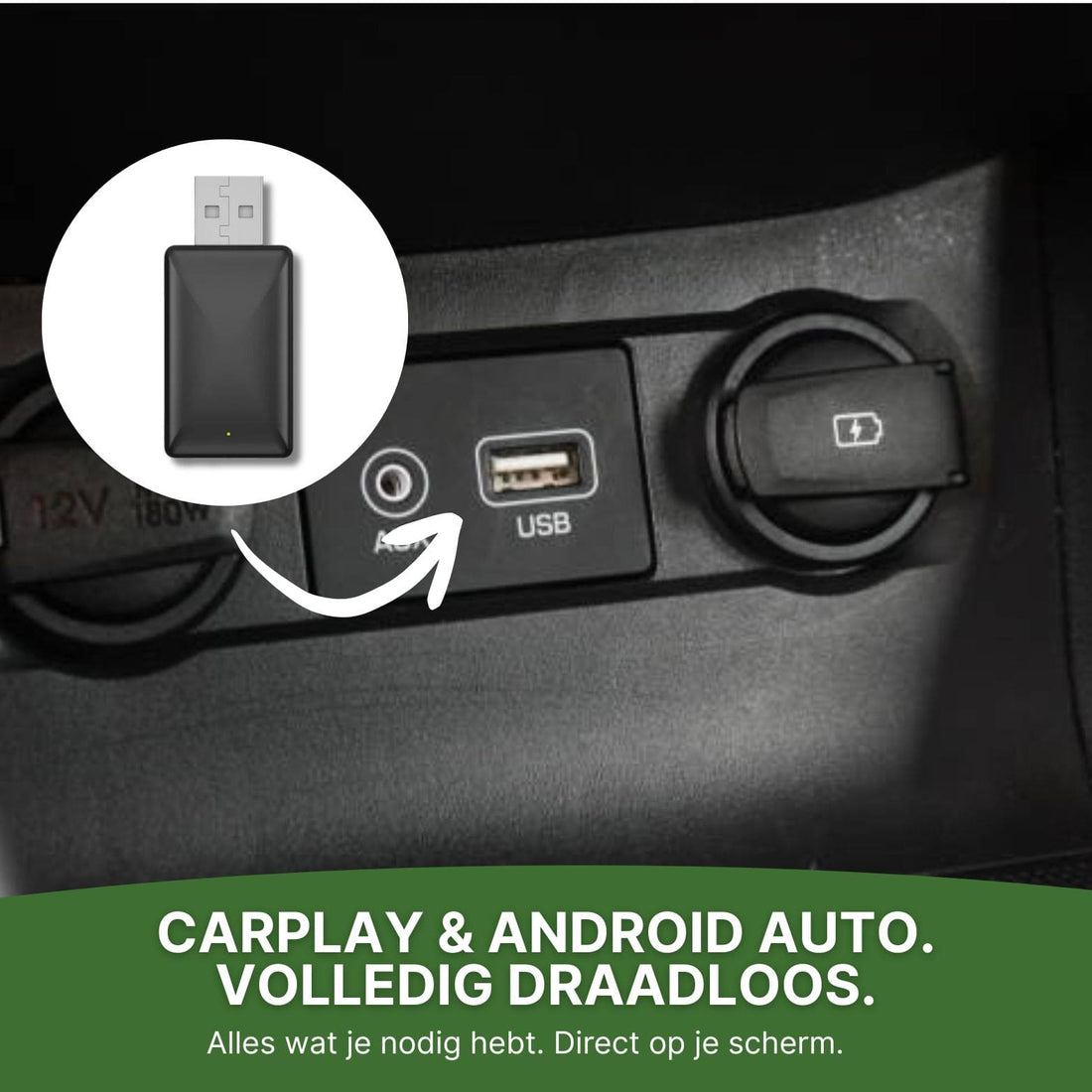 Adapter USB CarVizio podłączony do samochodu – bezprzewodowe połączenie z Apple CarPlay i Android Auto, bez kabli, bezpośrednio widoczne na ekranie samochodu.