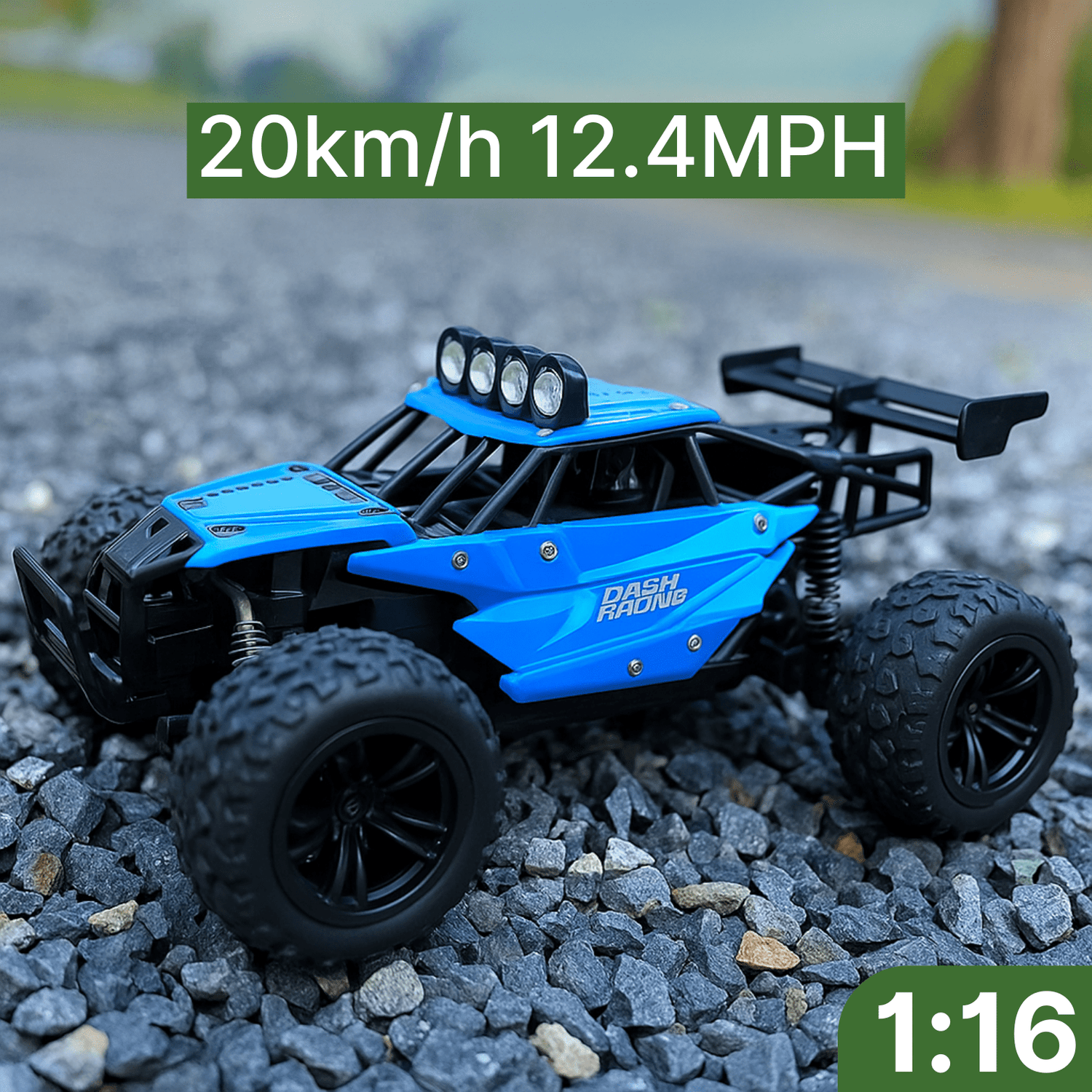 Blauwe DashRacer RC auto in buggy-stijl op grindpad, schaal 1:16 met LED-lampen en terreinbanden.