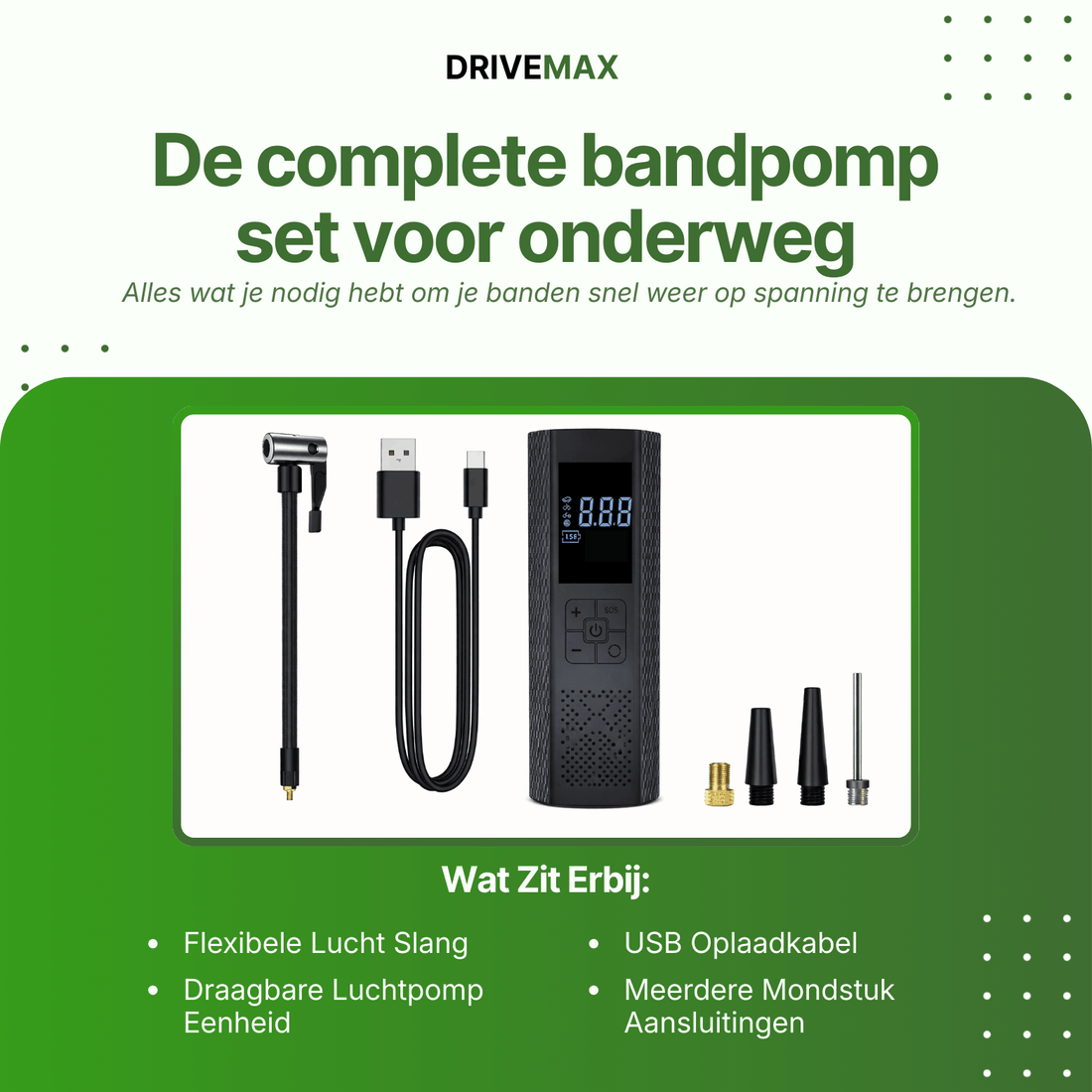 Czarny przenośny kompresor bezprzewodowy z cyfrowym wyświetlaczem oraz wężem, kablem USB i końcówkami.