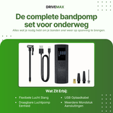 Czarny przenośny kompresor bezprzewodowy z cyfrowym wyświetlaczem oraz wężem, kablem USB i końcówkami.
