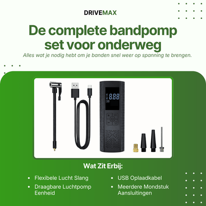 Czarny przenośny kompresor bezprzewodowy z cyfrowym wyświetlaczem oraz wężem, kablem USB i końcówkami.