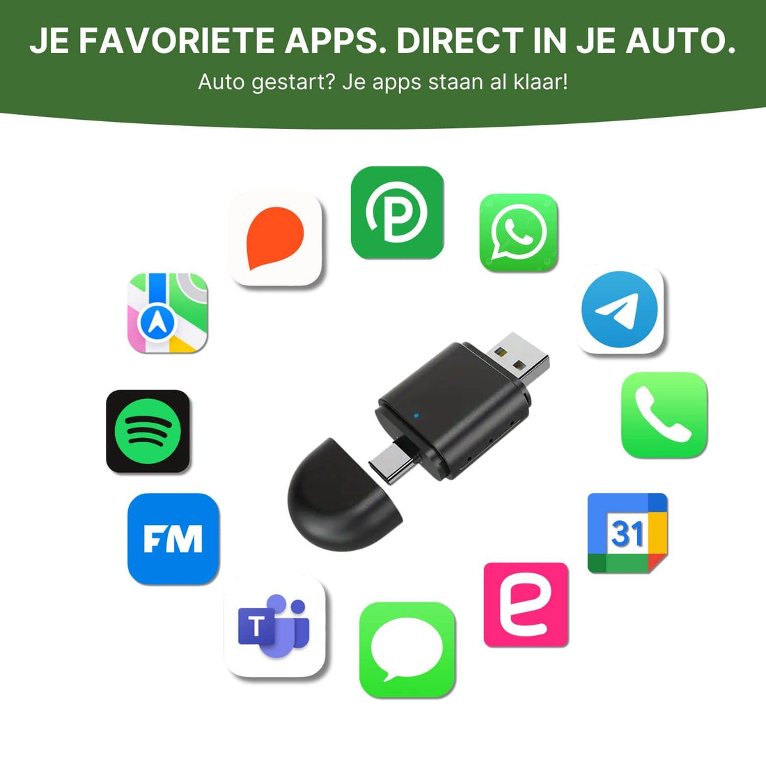 Adapter USB DriveLink otoczony ikonami aplikacji takimi jak Spotify, WhatsApp i Google Maps do użytku w samochodzie
