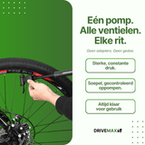 Ręka używająca czarnej pompki rowerowej DriveMax do opony roweru górskiego na zielonym tle.
