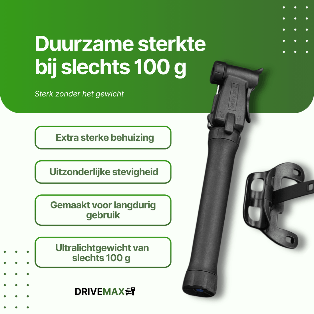 Czarna pompka rowerowa DriveMax przedstawiona ukośnie obok czarnego uchwytu montażowego na białym tle.
