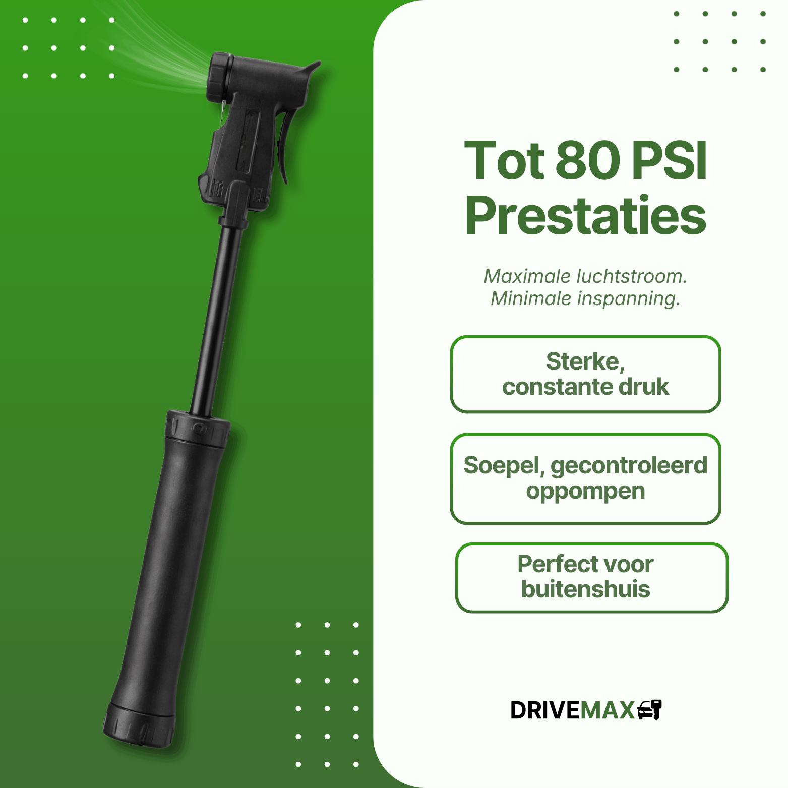Zwarte pompka rowerowa DriveMax w wysuniętej pozycji z widocznym przepływem powietrza na zielonym tle.