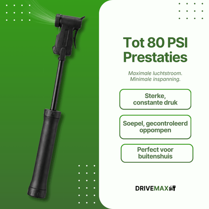 Zwarte pompka rowerowa DriveMax w wysuniętej pozycji z widocznym przepływem powietrza na zielonym tle.