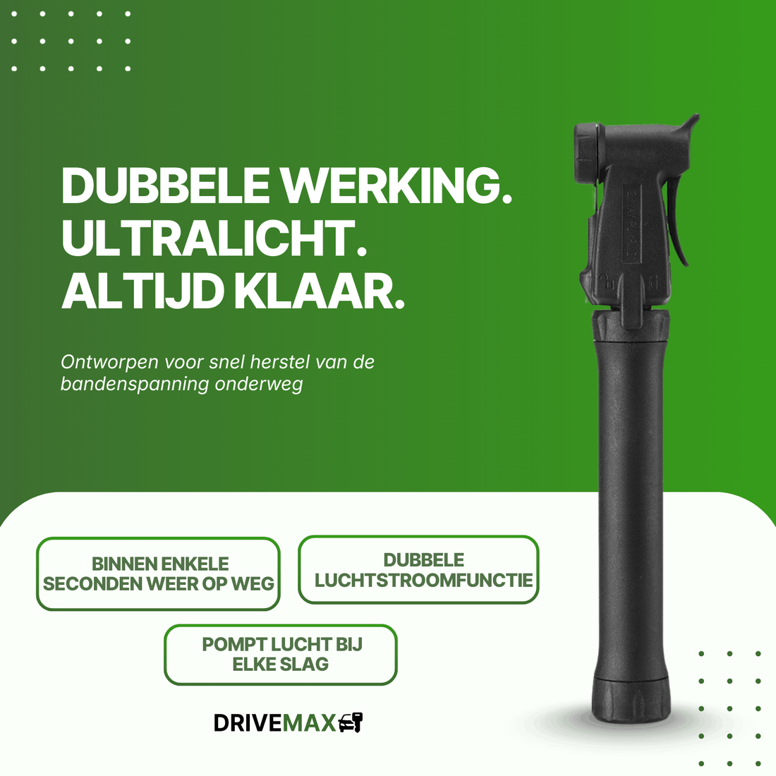 Zwarte pompka rowerowa DriveMax widziana z przodu na zielonym tle promocyjnym.