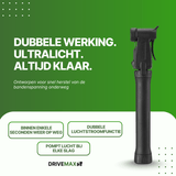Zwarte pompka rowerowa DriveMax widziana z przodu na zielonym tle promocyjnym.