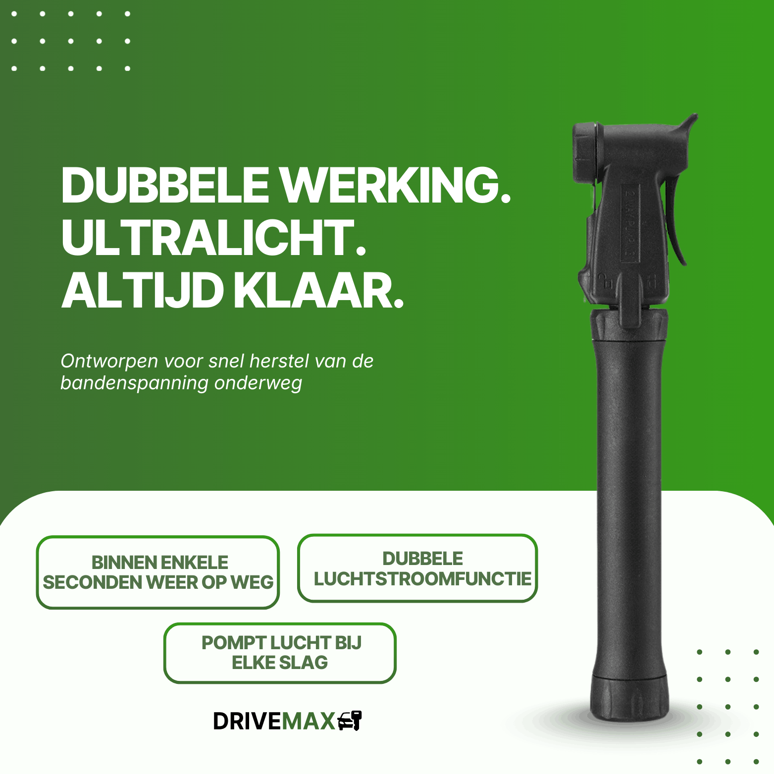 Zwarte pompka rowerowa DriveMax widziana z przodu na zielonym tle promocyjnym.