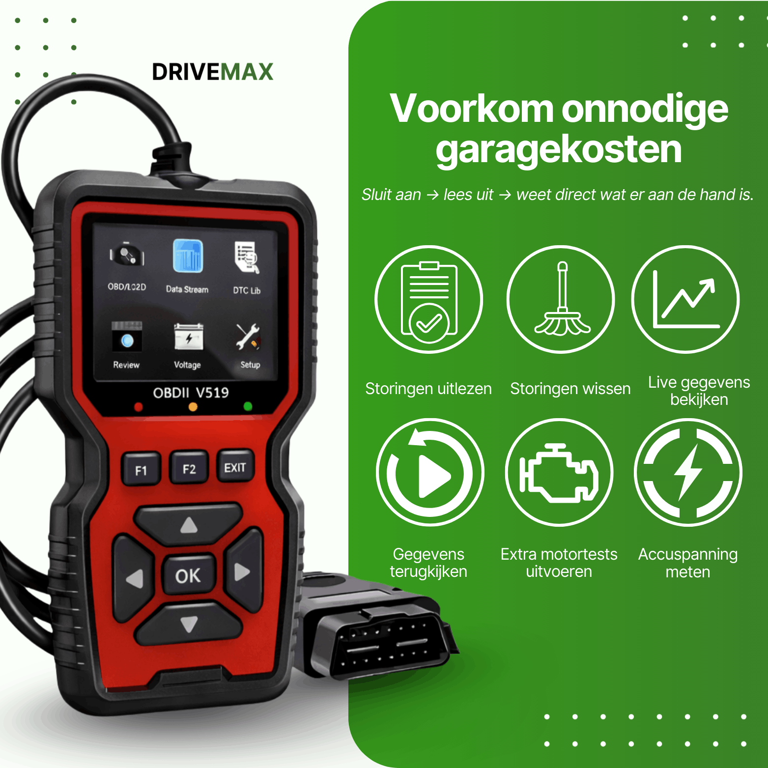 Czarno-czerwony skaner DriveMax OBD2 V519 z ekranem, przyciskami i podłączonym wtykiem OBD.
