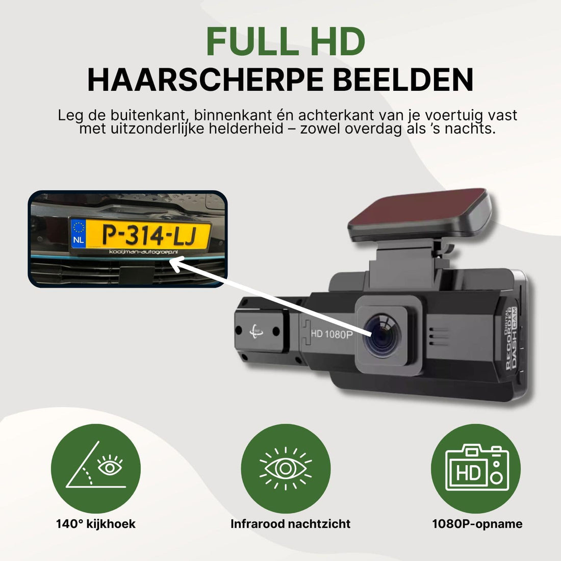 Kamera samochodowa DriveVision z rozdzielczością 1080p rejestruje tablicę rejestracyjną w szczegółach dzięki podczerwieni do widzenia nocnego i kątowi widzenia 140°