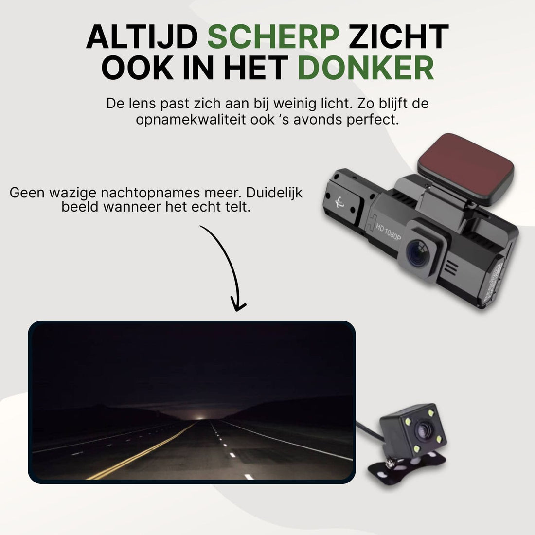 Kamera samochodowa DriveVision z nocnym widzeniem pokazuje wyraźny obraz ciemnej autostrady i kompaktowej tylnej kamery