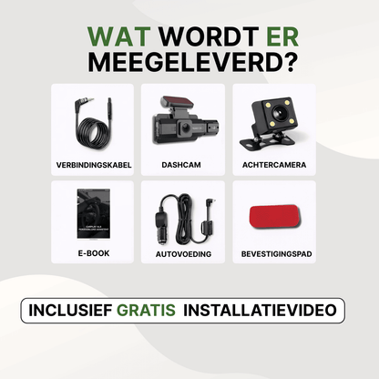 Accessoires van de DriveVision Pro dashcam met achtercamera, kabels, bevestigingspad en e-book.