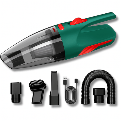 Groen-rode Dustero autostofzuiger met opzetstukken, borstel, USB-kabel en flexibele slang voor autointerieur.