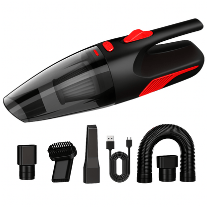 Zwart-rode Dustero autostofzuiger met toebehoren zoals opzetstukken, borstel, USB-kabel en flexibele slang.