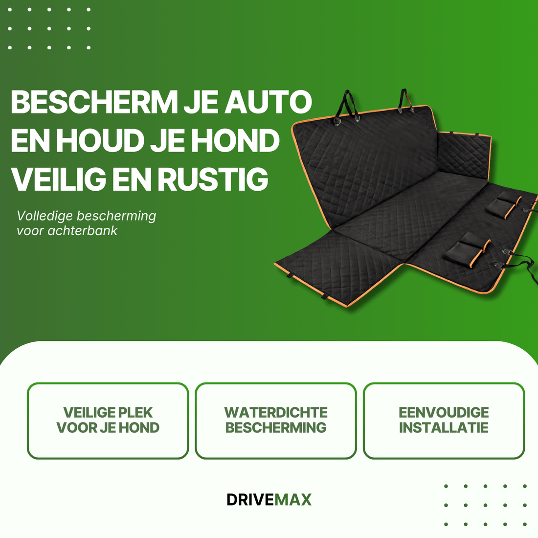 Czarna pikowana mata dla psa do samochodu na zielonym tle promocyjnym z ochroną tylnej kanapy.