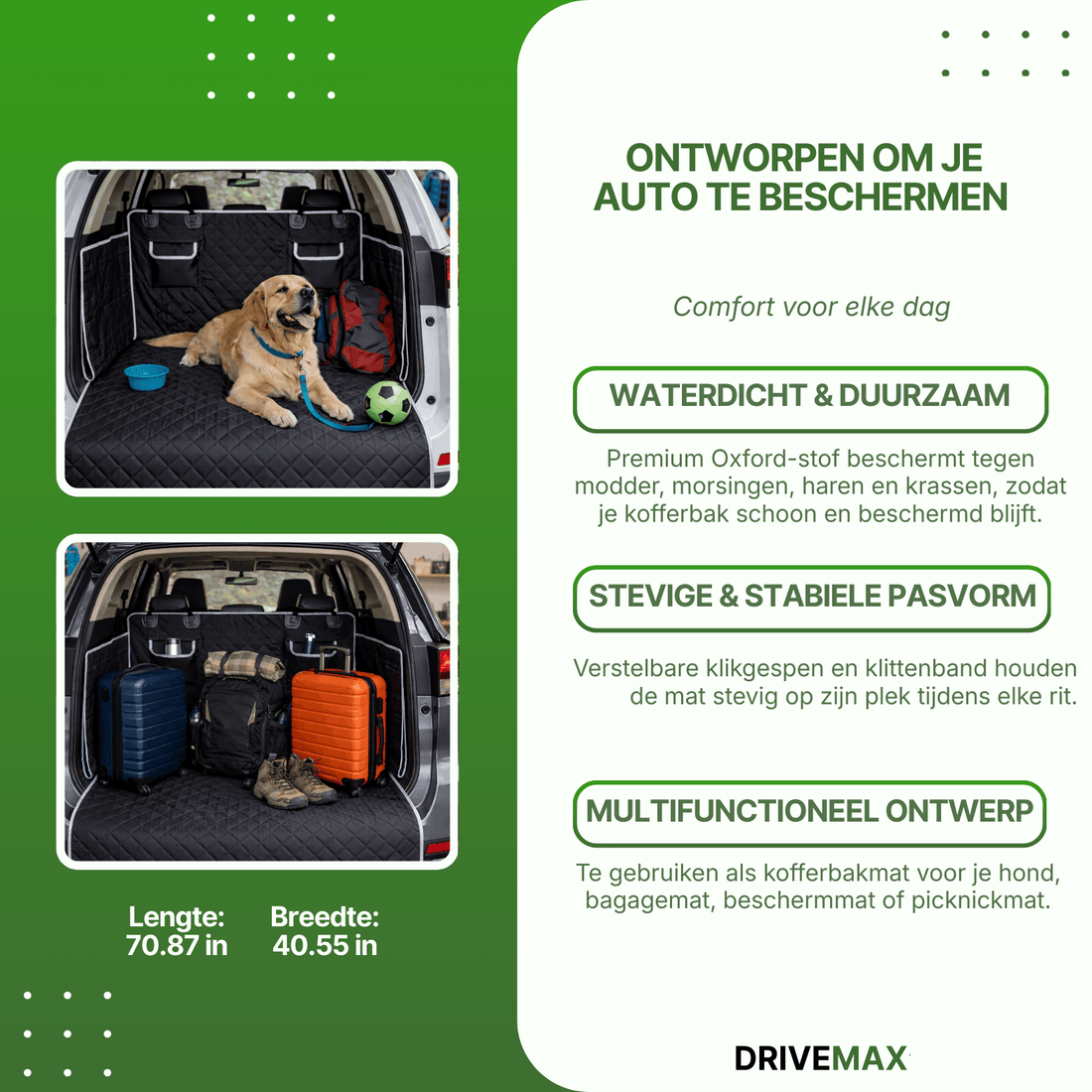 Zwarte pikowana koc dla psa w bagażniku samochodu z psem i umieszczonymi walizkami.