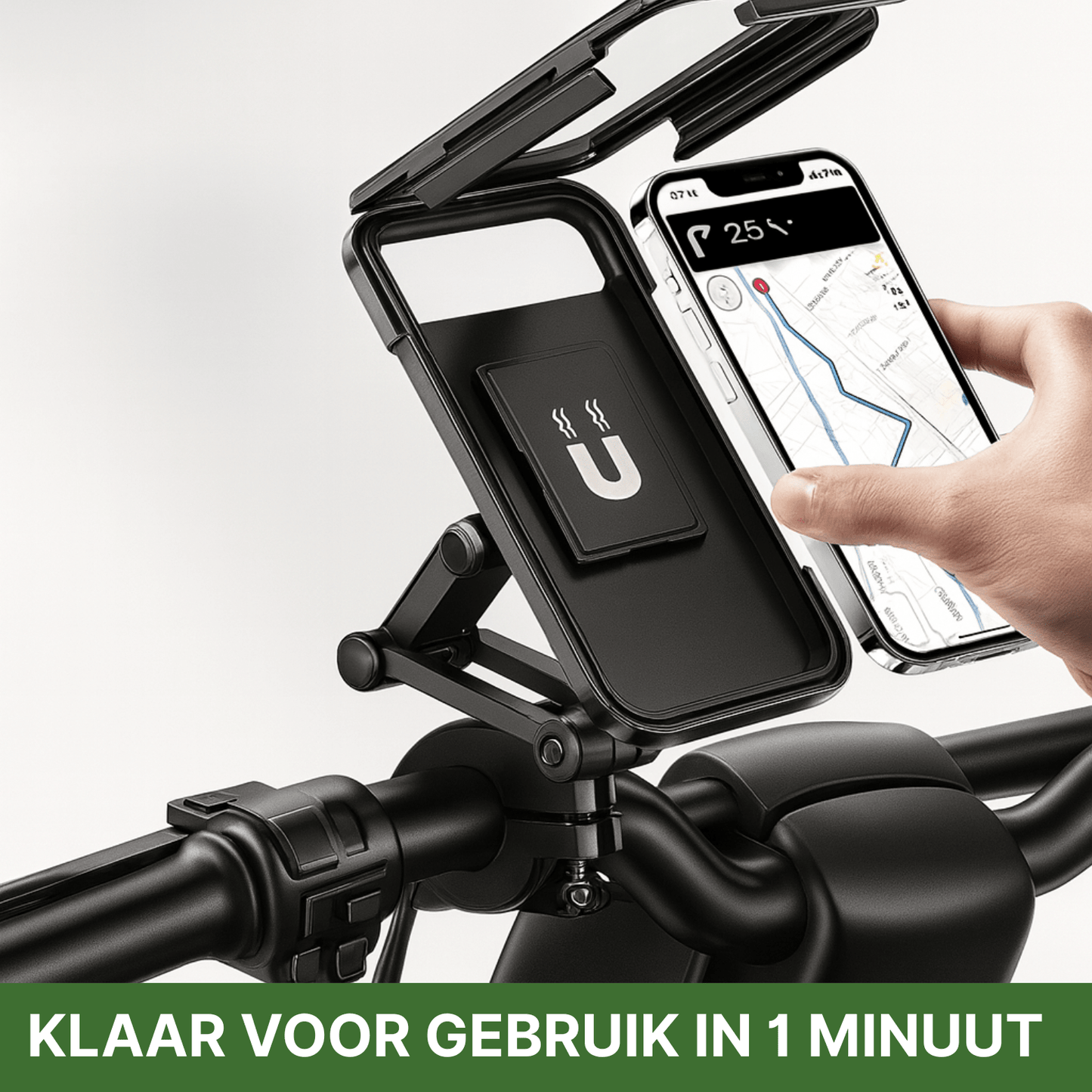 Zwarte magnetische telefoonhouder voor op het fietsstuur, met open klep en hand die smartphone plaatst.