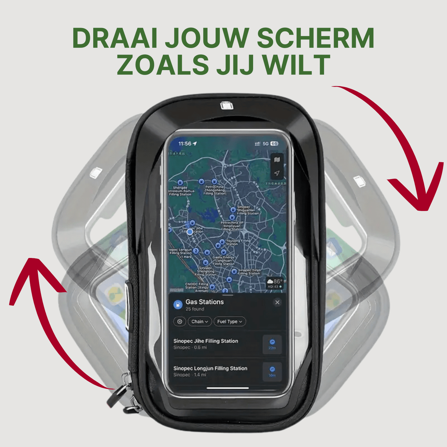 MotoShield waterdichte telefoonhouder met 360 graden draaifunctie en navigatiescherm in portretstand.