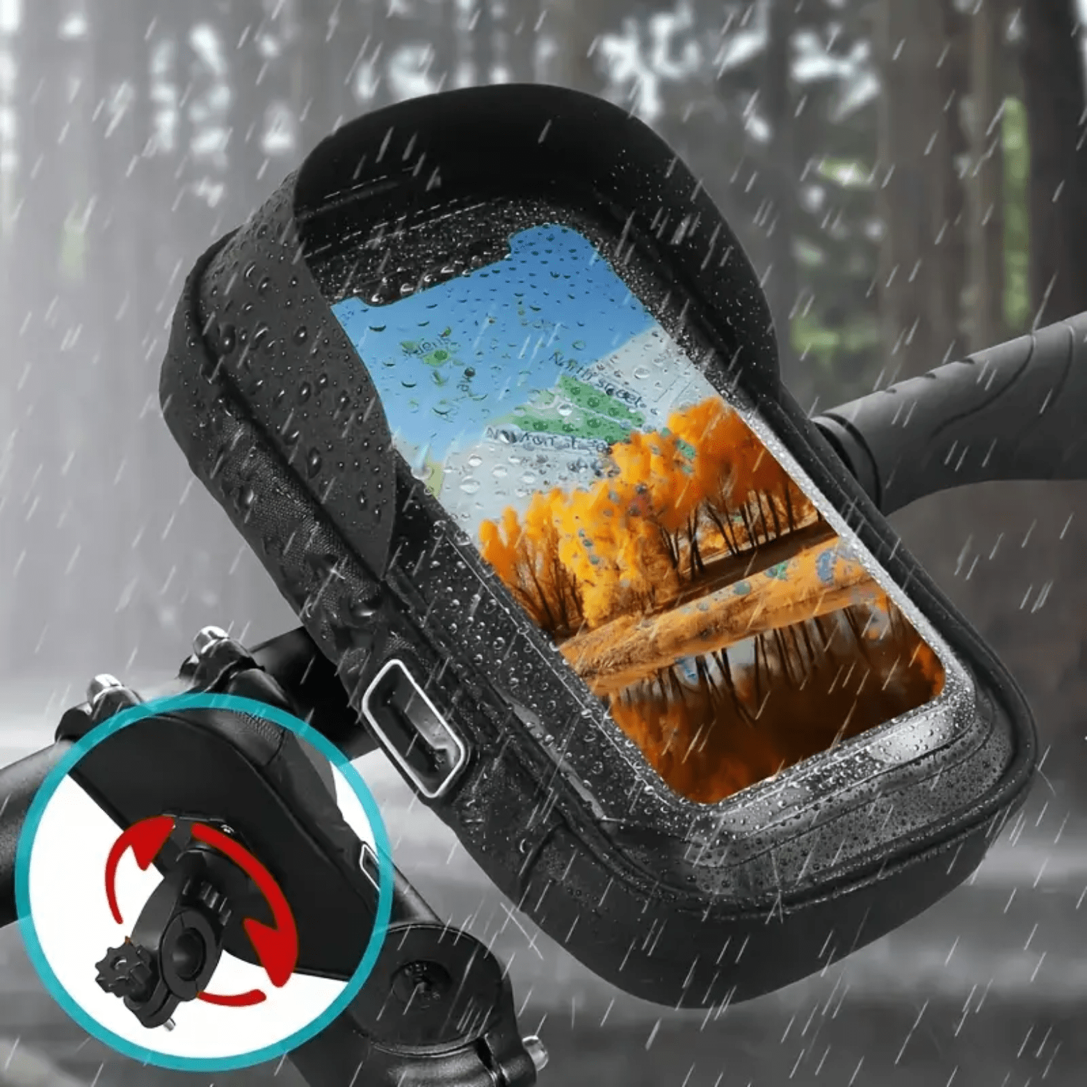 MotoShield waterdichte telefoonhouder op fietsstuur tijdens regen, met touchscreen en landschapsfoto op scherm.