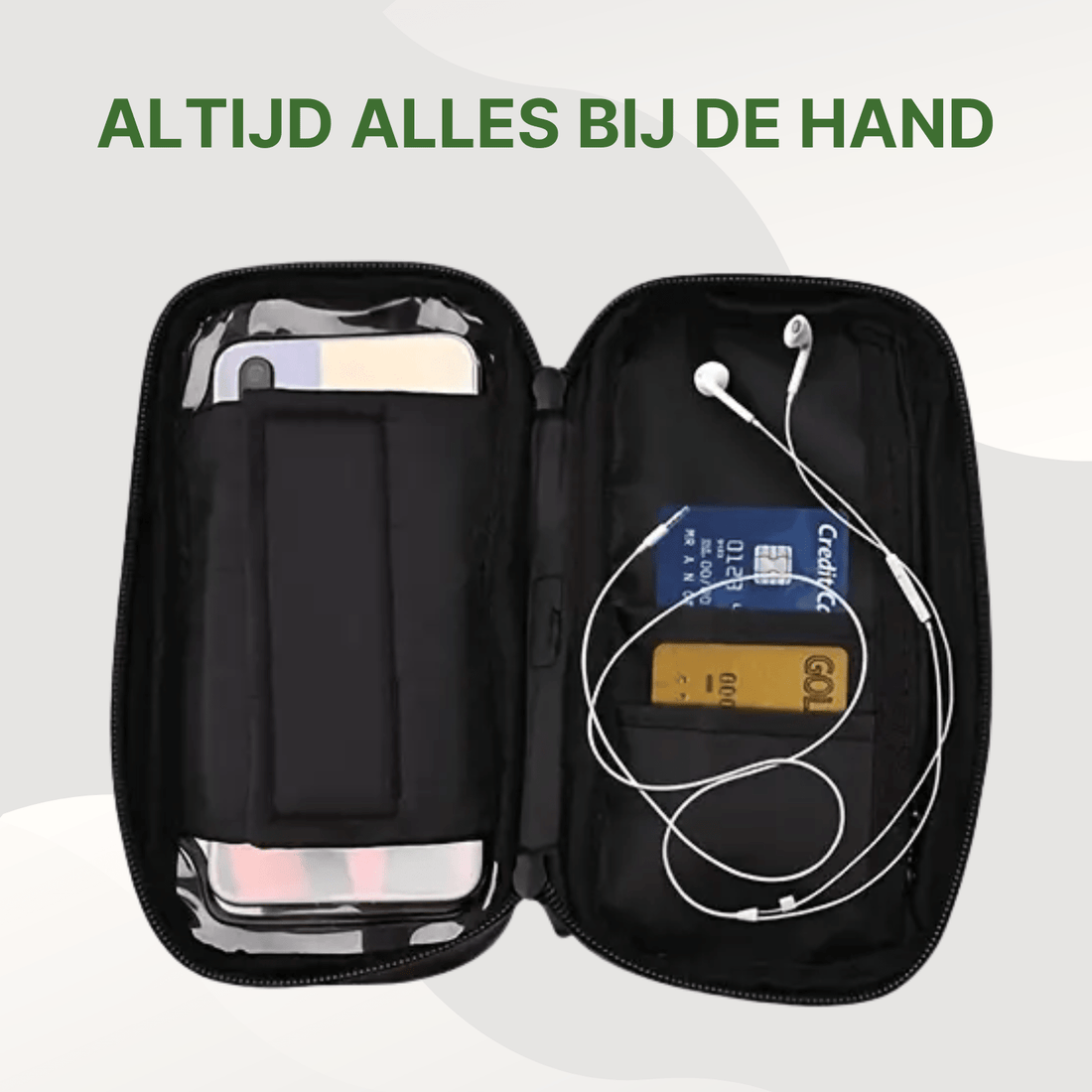 MotoShield waterdichte telefoonhouder opengeklapt met ruimte voor pasjes, oordopjes en smartphone.