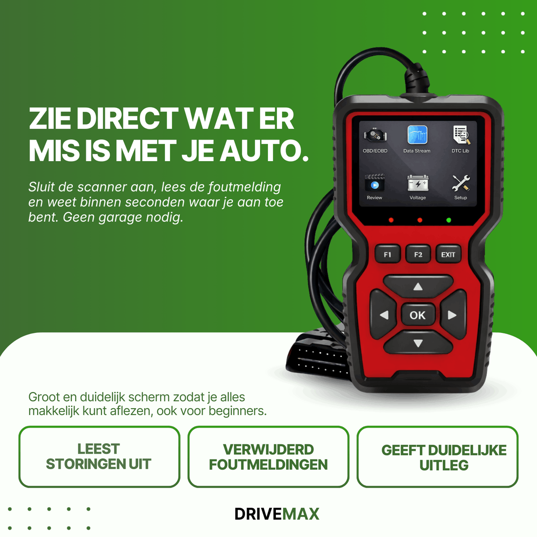 Czarno-czerwony skaner Drive Max OBD2 z ekranem i przyciskami, z podłączonym kablem na zielonym tle.