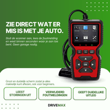 Czarno-czerwony skaner Drive Max OBD2 z ekranem i przyciskami, z podłączonym kablem na zielonym tle.