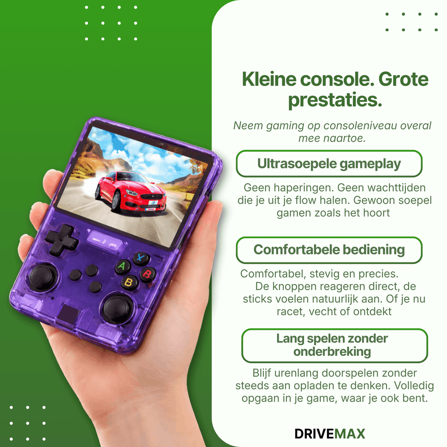 Fioletowa przenośna konsola do gier trzymana w dłoni, z joystickami i kolorowymi przyciskami, wyświetlająca grę wyścigową na ekranie.