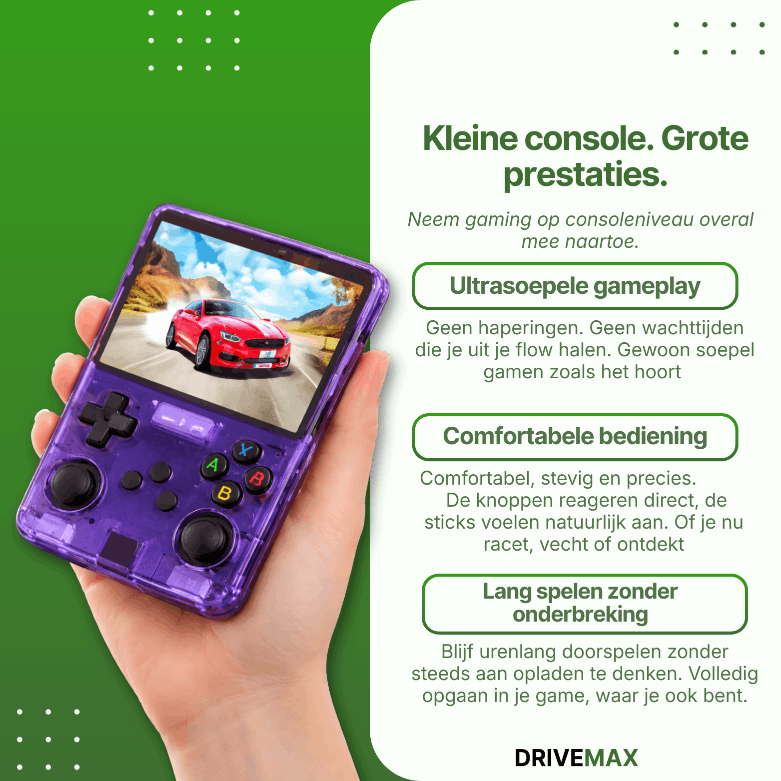 Fioletowa przenośna konsola do gier trzymana w dłoni, z joystickami i kolorowymi przyciskami, wyświetlająca grę wyścigową na ekranie.
