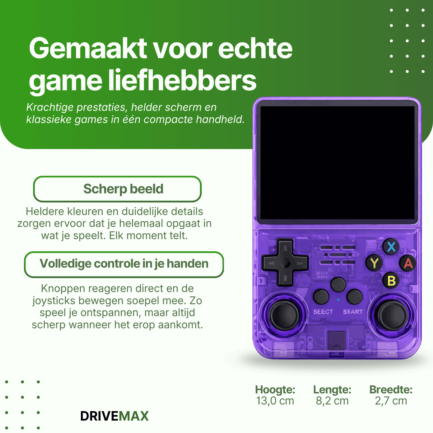 Fioletowa przenośna konsola do gier retro z joystickami i przyciskami, zaprojektowana dla fanów klasycznych gier z wyraźnym ekranem i intuicyjnym sterowaniem.