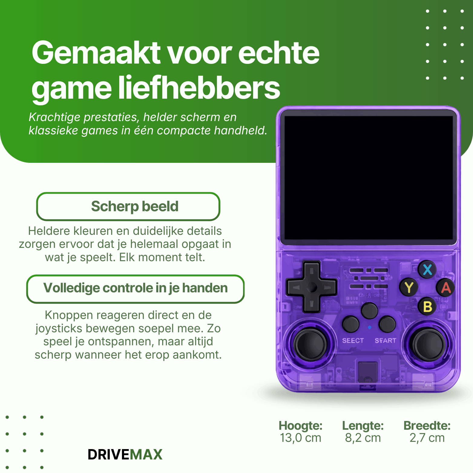 Fioletowa przenośna konsola do gier retro z joystickami i przyciskami, zaprojektowana dla fanów klasycznych gier z wyraźnym ekranem i intuicyjnym sterowaniem.