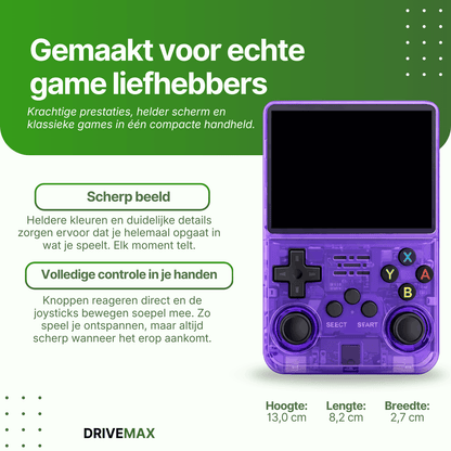 Fioletowa przenośna konsola do gier retro z joystickami i przyciskami, zaprojektowana dla fanów klasycznych gier z wyraźnym ekranem i intuicyjnym sterowaniem.