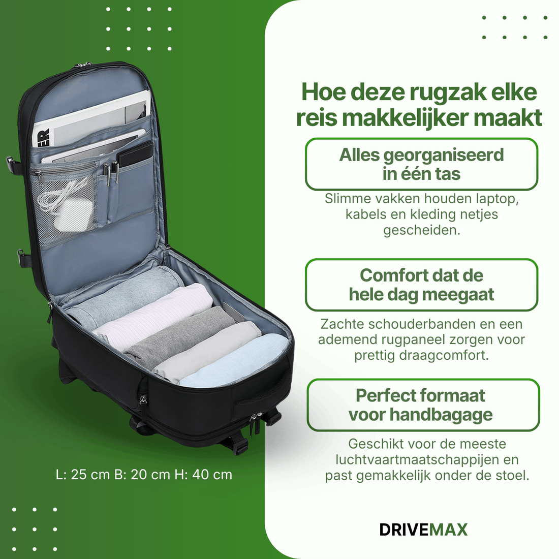 Otwarta torba podróżna w formie plecaka z przegrodami na laptopa, akcesoria i ubrania, idealna do uporządkowanego pakowania na podróż.
