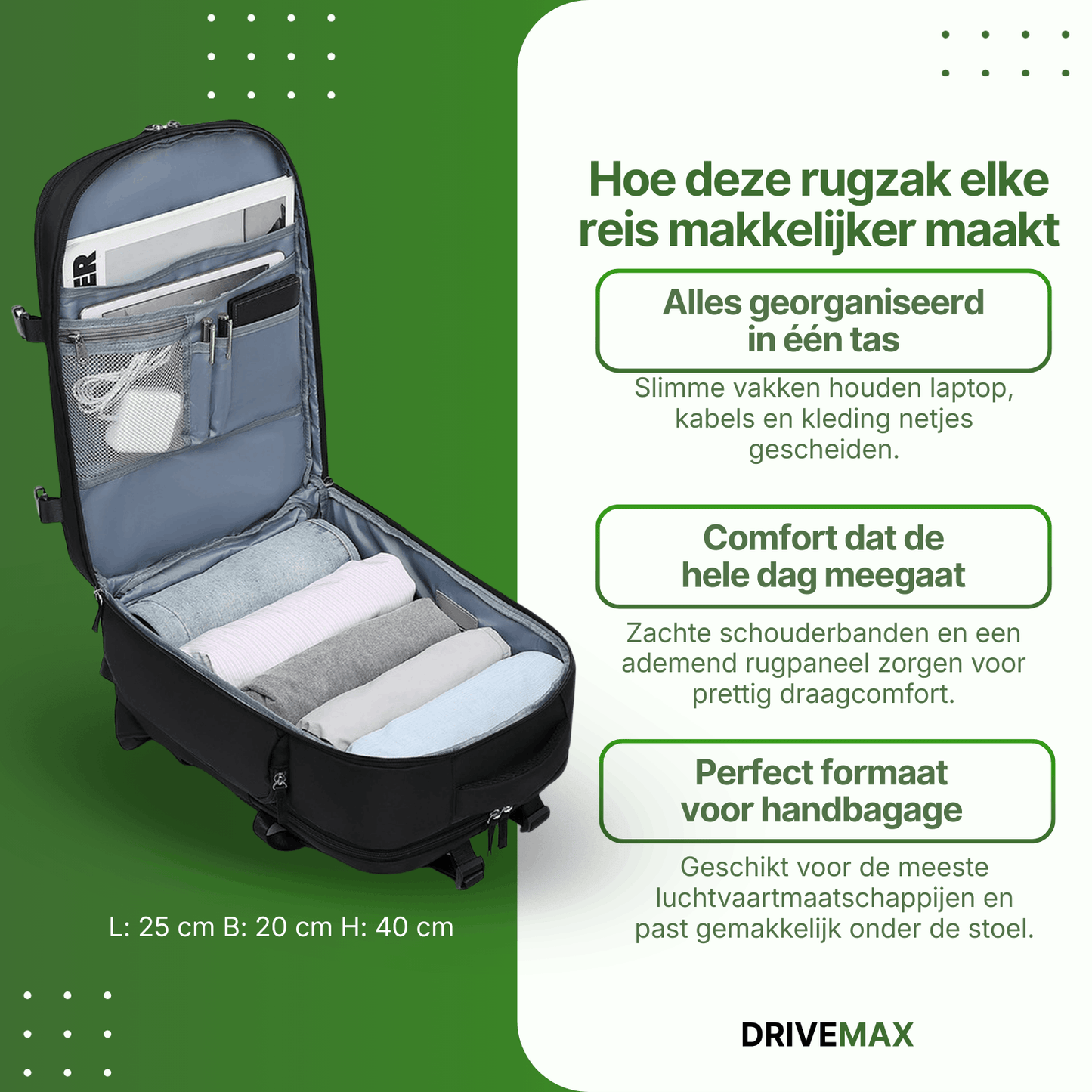 Otwarta torba podróżna w formie plecaka z przegrodami na laptopa, akcesoria i ubrania, idealna do uporządkowanego pakowania na podróż.