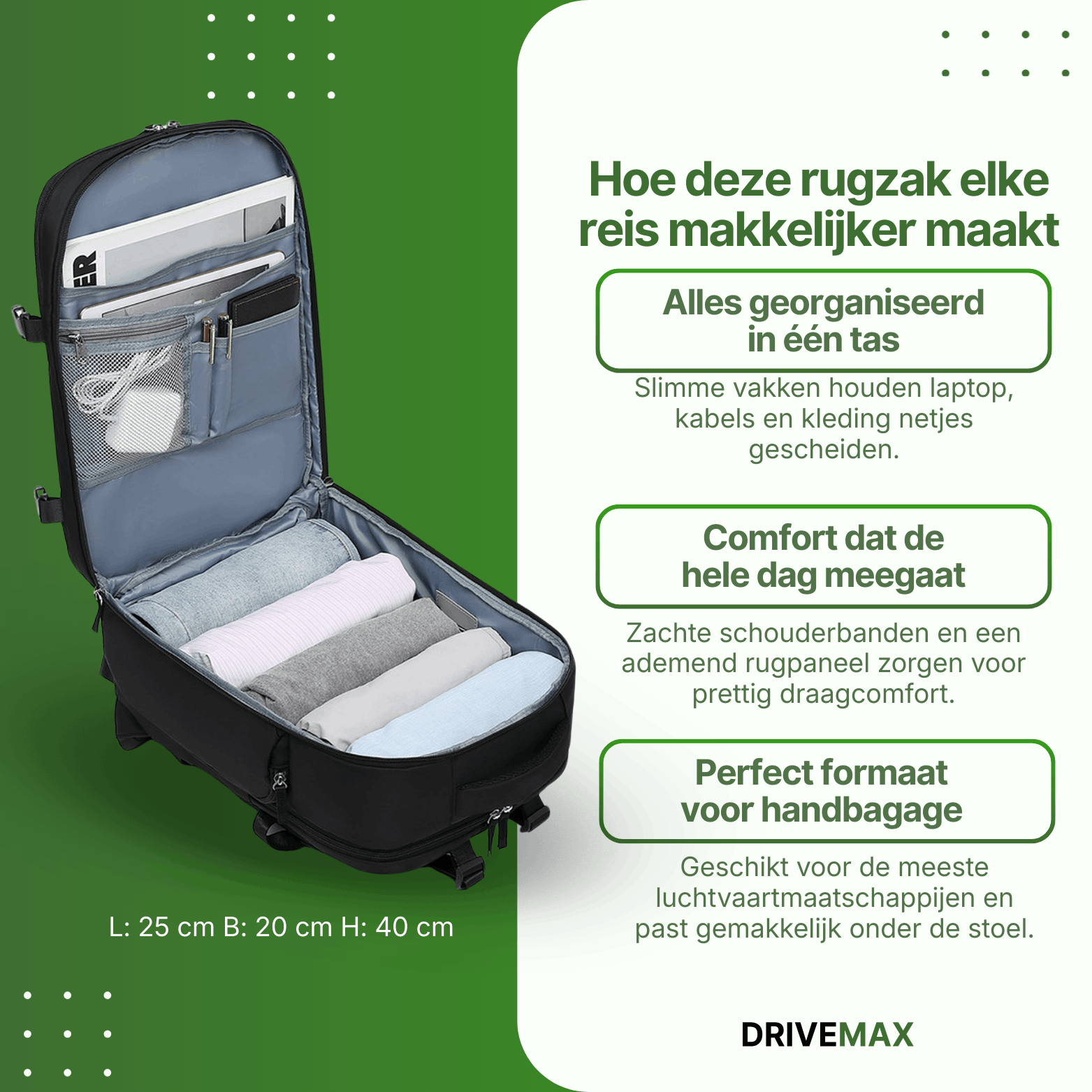 Otwarta torba podróżna w formie plecaka z przegrodami na laptopa, akcesoria i ubrania, idealna do uporządkowanego pakowania na podróż.