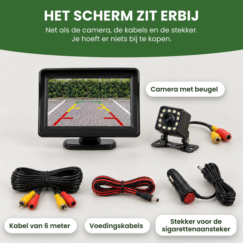 De set van de RetroView: scherm, camera met beugel, kabel van 6 meter, voedingskabels en stekker. Het scherm zit erbij