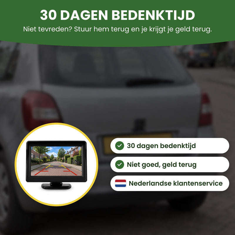 RetroView achteruitrijcamera met 30 dagen bedenktijd, niet goed geld terug en Nederlandse klantenservice