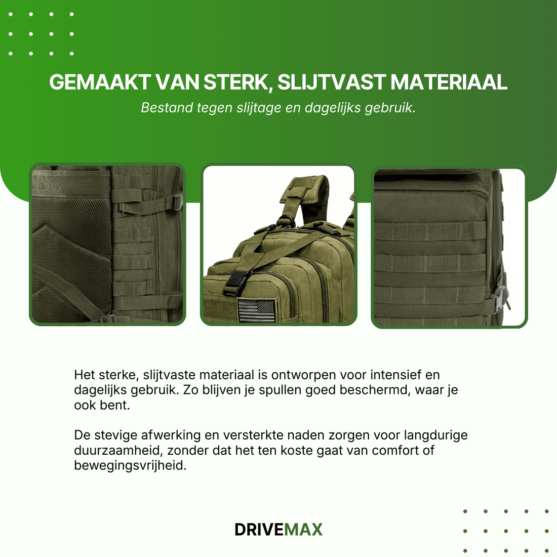 Szczegółowy widok zielonego plecaka z wzmocnionymi szwami, zamkami błyskawicznymi i solidnie wykończonymi paskami.