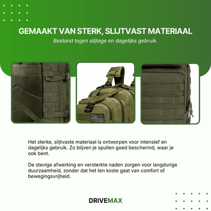 Szczegółowy widok zielonego plecaka z wzmocnionymi szwami, zamkami błyskawicznymi i solidnie wykończonymi paskami.