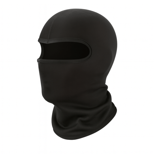 Zwarte ThermoShield balaclava met ademende stof en elastische pasvorm, gefotografeerd in vooraanzicht.