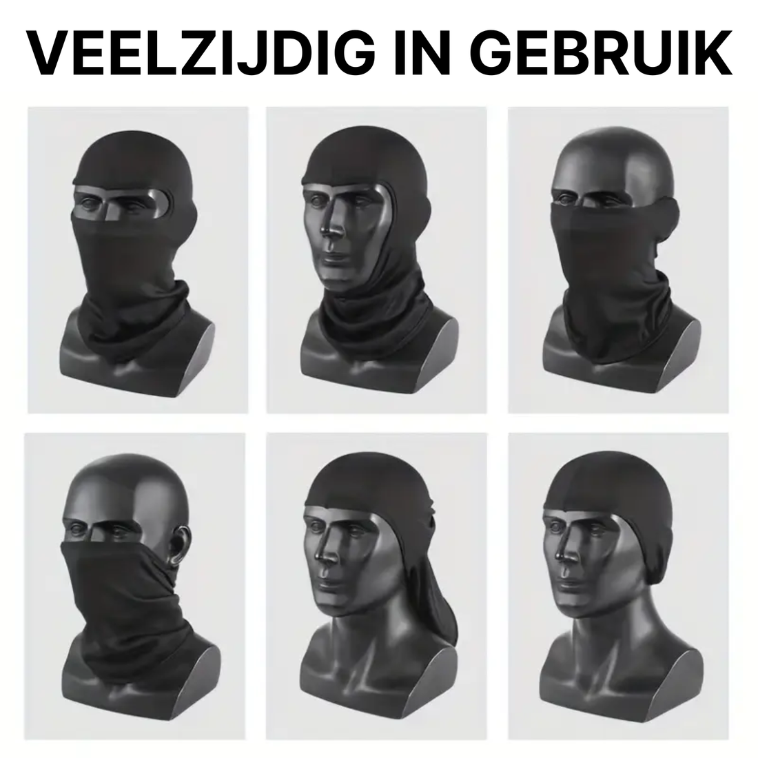 Czarna balaklava ThermoShield™ pokazana w sześciu stylach noszenia na manekinach, od pełnej maski po ocieplacz na szyję.